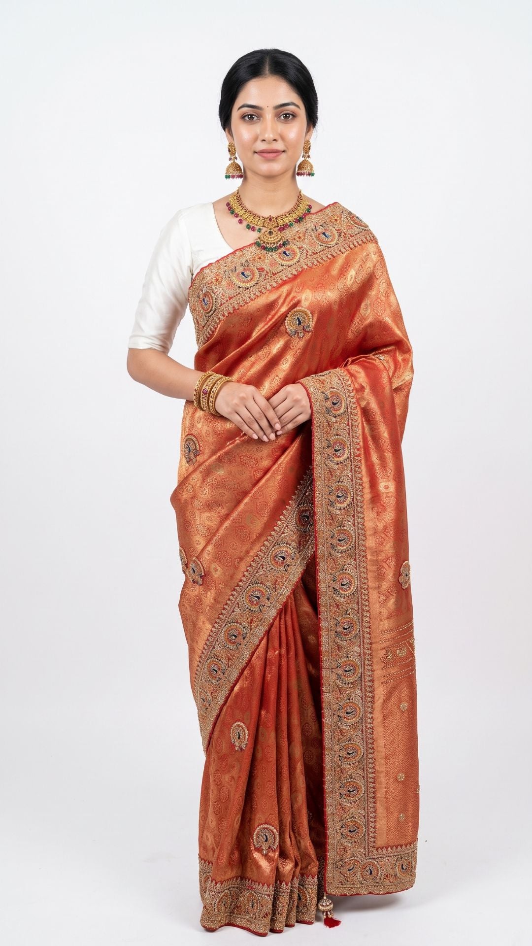 Orange Banarasi Silk Unstitched Saree with Dupatta Embellished with Moti & Zari Work